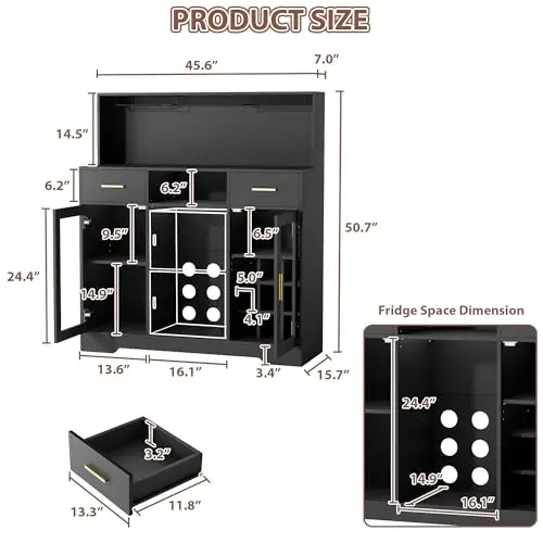 Mini Fridge Cabinet with Storage, Wine Bar Cabinets for Home with LED Light&Power Outlet, Coffee Bar Cabinet with Mini - view 3