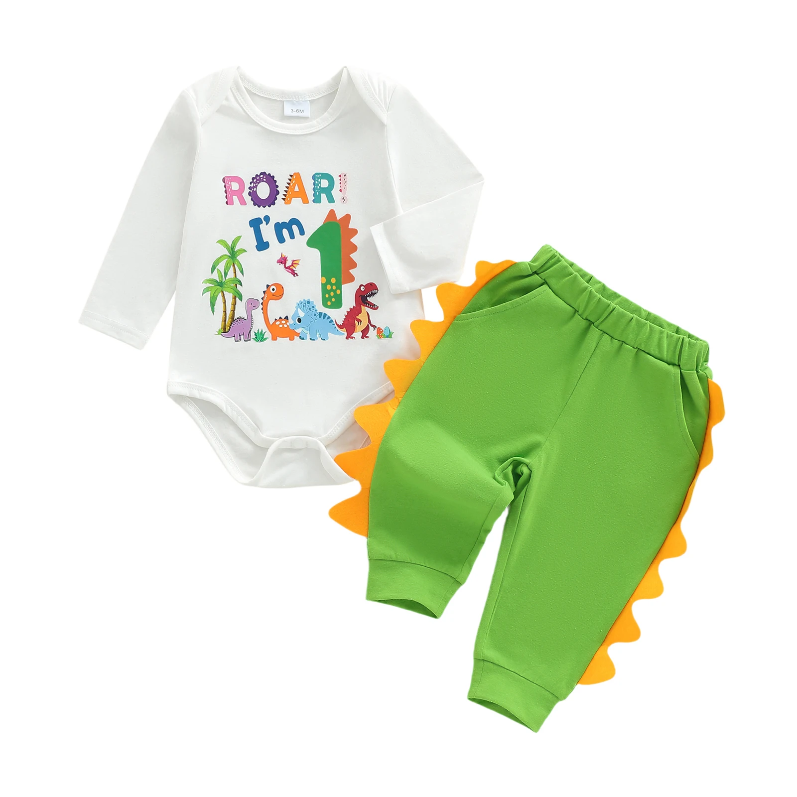 

Baby Boy s Birthday Clothing Sets Fashionable Long Sleeve Dinosaur Printed Romper with Pants 2Pcs Fall Outfits