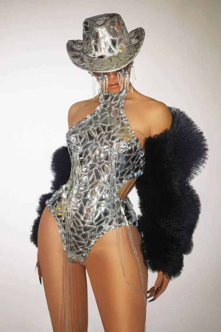 Nightclub Bar Gogo Dance Clothing Silver Mirror Backless Bodysuit Hat Gauze Coat Drag Queen Costume Sexy Jazz Dancewear