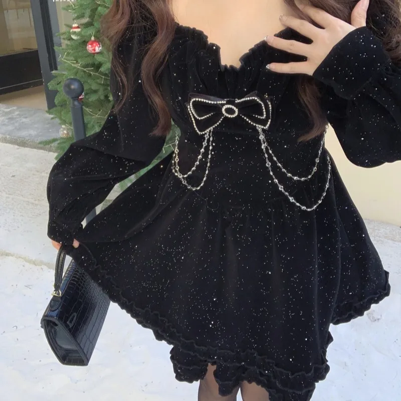 Velour Dresses for Women Long Sleeve Mini Sexy V-neck Soft Autumn Winter High Street Bow Lovely Girls Clothing Young Korean Ins