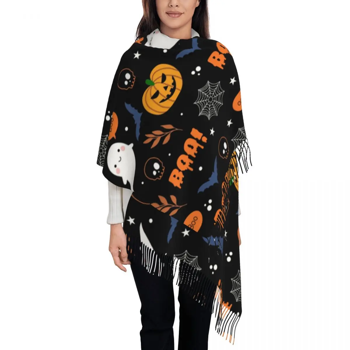 

Женский шарф с тыквой и призраком на Хэллоуин, женский длинный зимний осенний теплый шаль с кисточками, шарфы унисекс