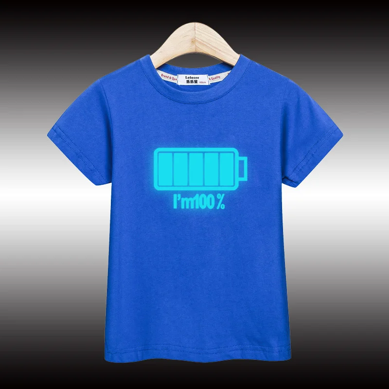 2024 Boys New Night Noctilucent  T-shirt Battery Pattern Tops Children Summer Cotton Shirt 3-14T