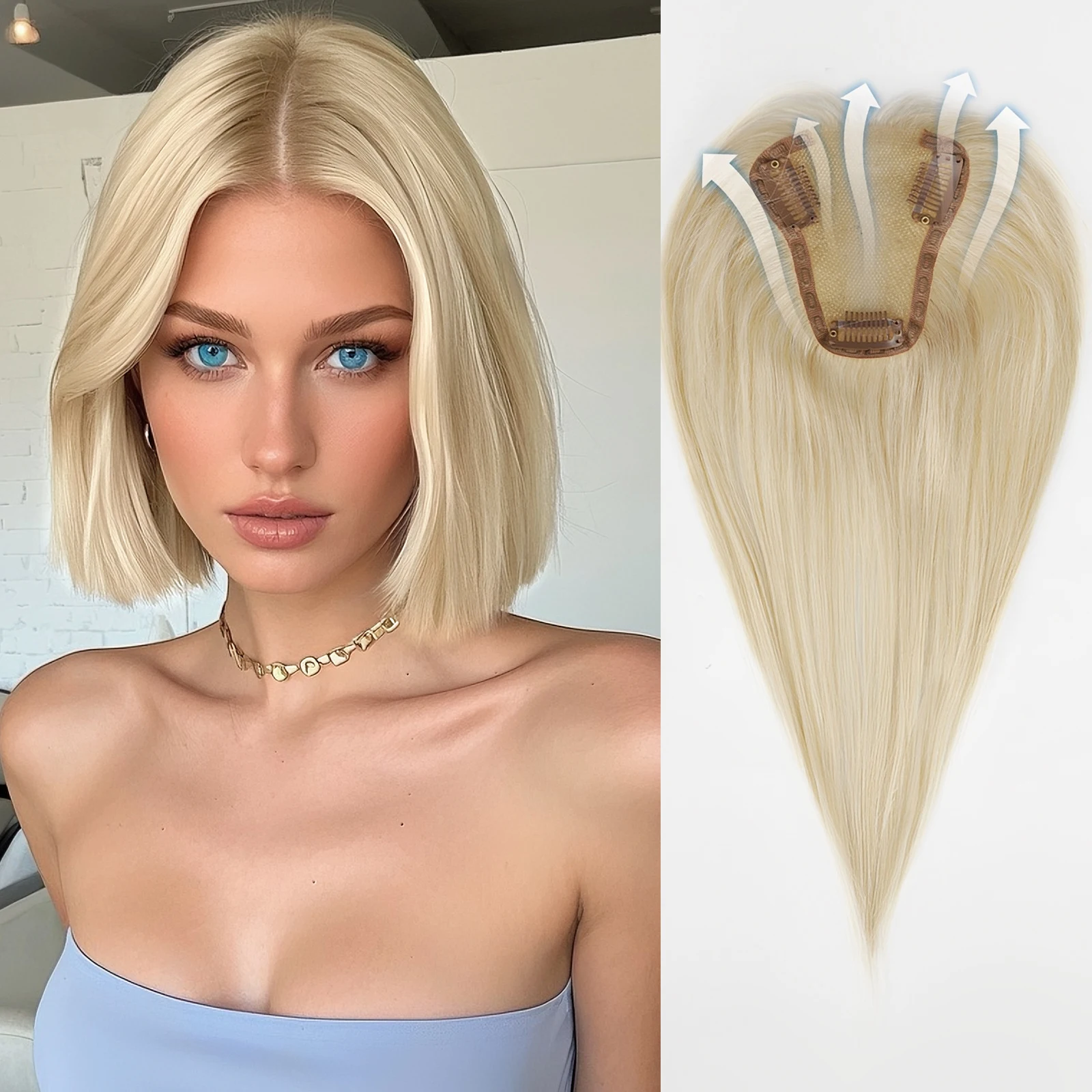 

Золотисто-русые платиновые топперы для волос Balayage 12-дюймовые 100% человеческие волосы Remy с кружевной основой, зажимы для средней части в шиньоне для женщин