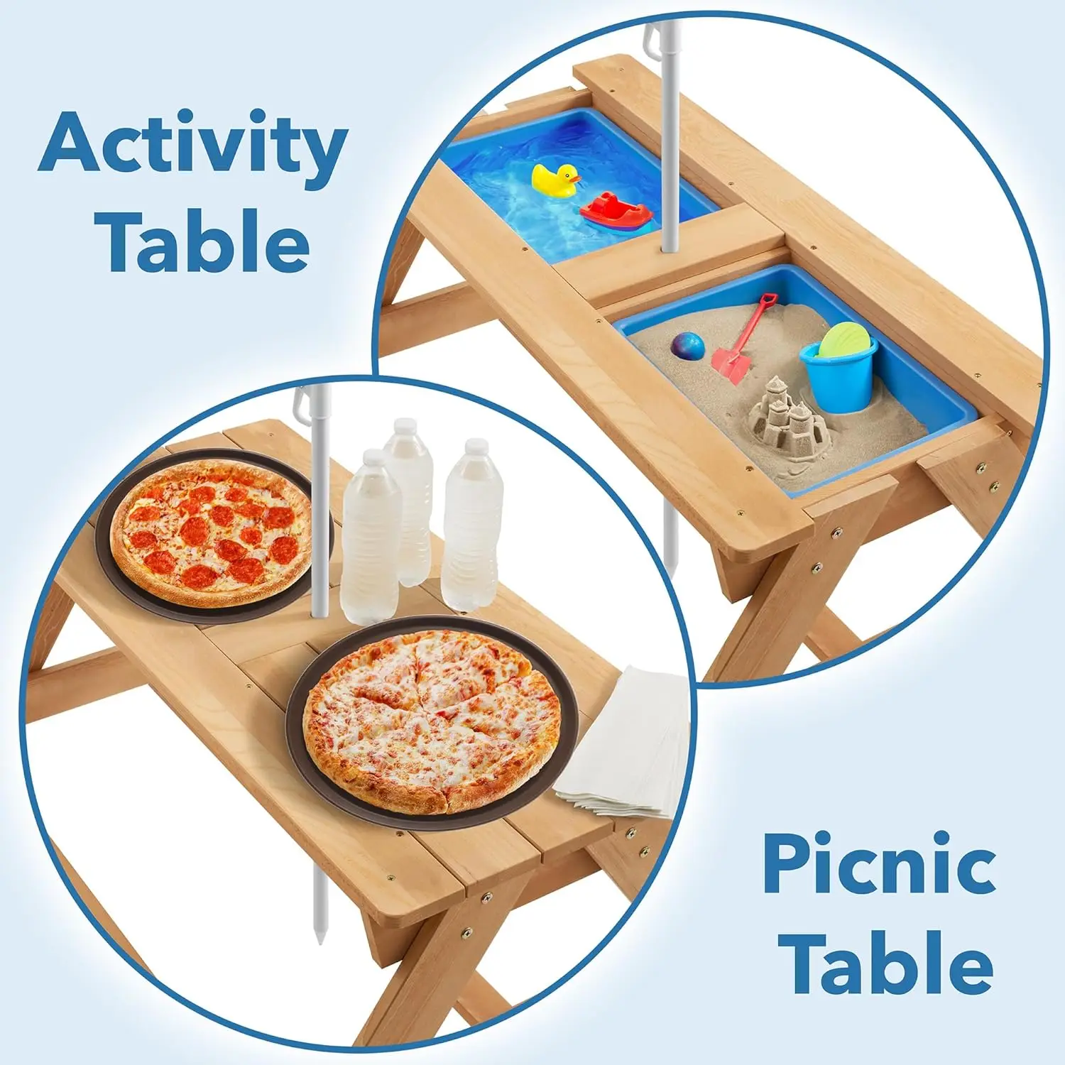 Tavolo da Picnic all'aperto in legno 3 in 1 per bambini con sabbia e acqua, 2 scatole da gioco e coperchio rimovibile, Natu