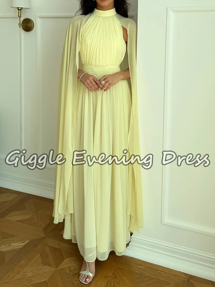 Giggle Stilvolle, schlichte, gelbe, plissierte Ballkleider, fließende Cape-Ärmel, elegante Abendkleider aus Chiffon für Damen, individuell gestaltet