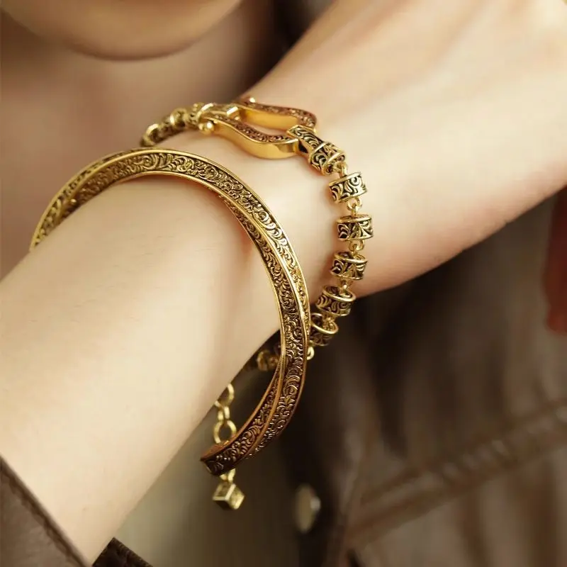 Tang Grass Pattern Mobius Ring Bracelet for Women Custom Retro Atmosphere Versatile High grade Bangle Jewelry Gift