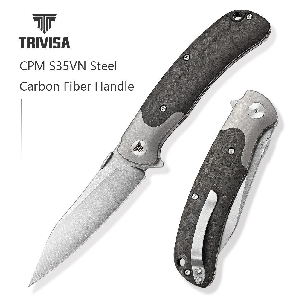 TRIVISA Wharncliffe Folding Flipper Knife with Clip, Pocket EDC Knife for Men, CPM S35VN Steel Camping Blade，Carbon Fiber Handle