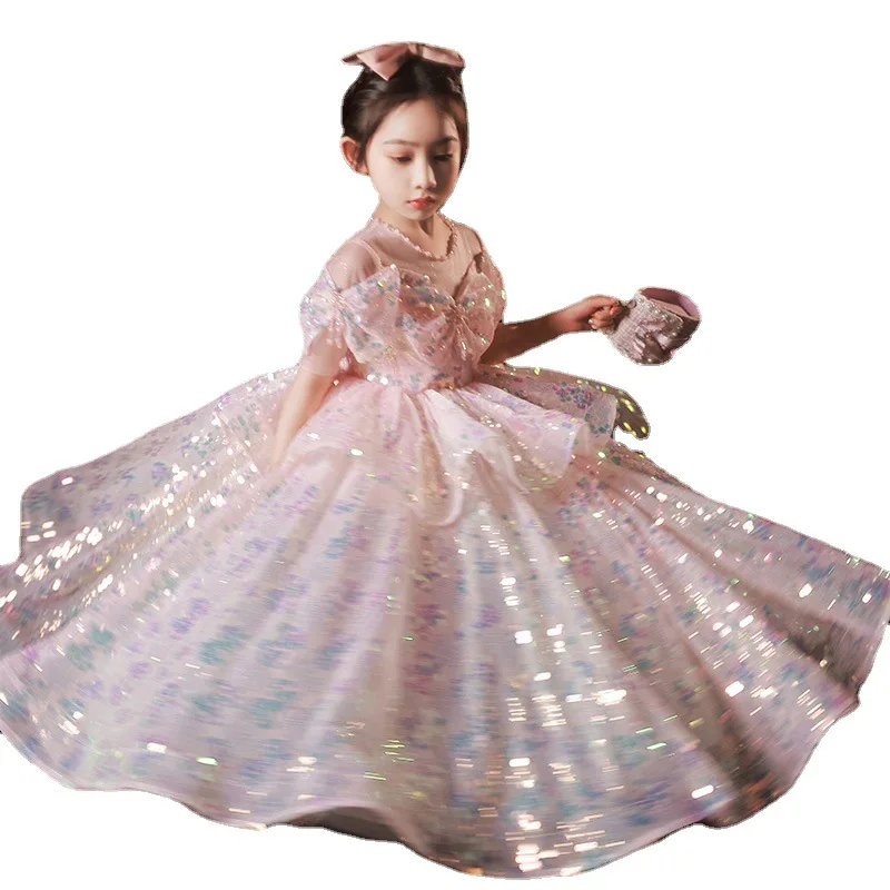 Girls First Communion Prom Dress Children Pageant Ball Gown Girl Wedding Sequins Dresses for Kids Piano Performance Vestidos