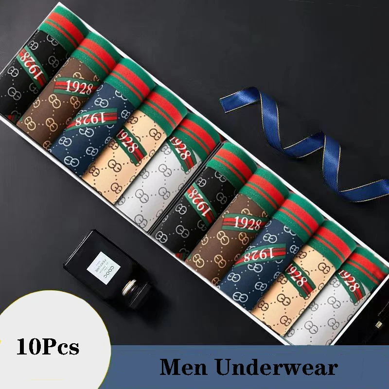 10pcs/lot Men Panties Comfortable Underwear Male Boxer Shorts Waist Striped Print Breathable Men\'s Underpants Large Size L-4XL