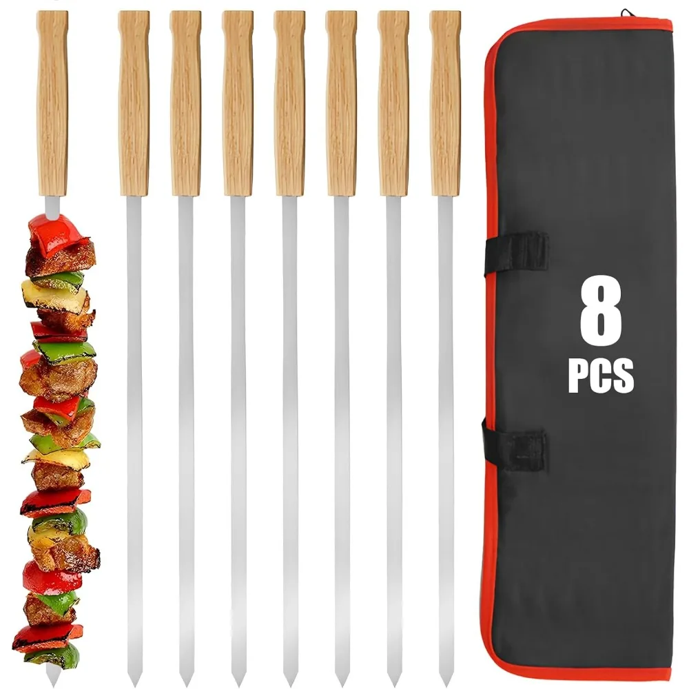 8pcs Large Kabob Skewers Stainless Steel Thicken Reusable for Meat Chicken Vegetable Barbecue Skewer Outdoor BBQ Essential Tools