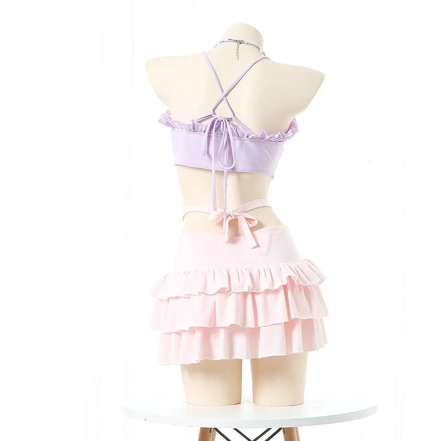 Summer Sweet Girl Anime Heart Hollow Swimsuit Unifrom Cake Skirt Women Macaron Split School Swimwear Outfits Costumes Cosplay