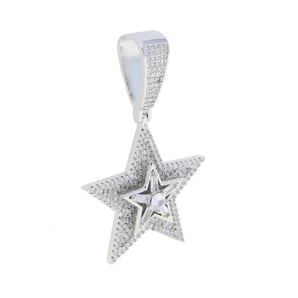 Iced Out Bling CZ Star Pendant Necklace Silver Color Micro Paved CZ Tennis Chain Men Women Hip Hop Jewelry