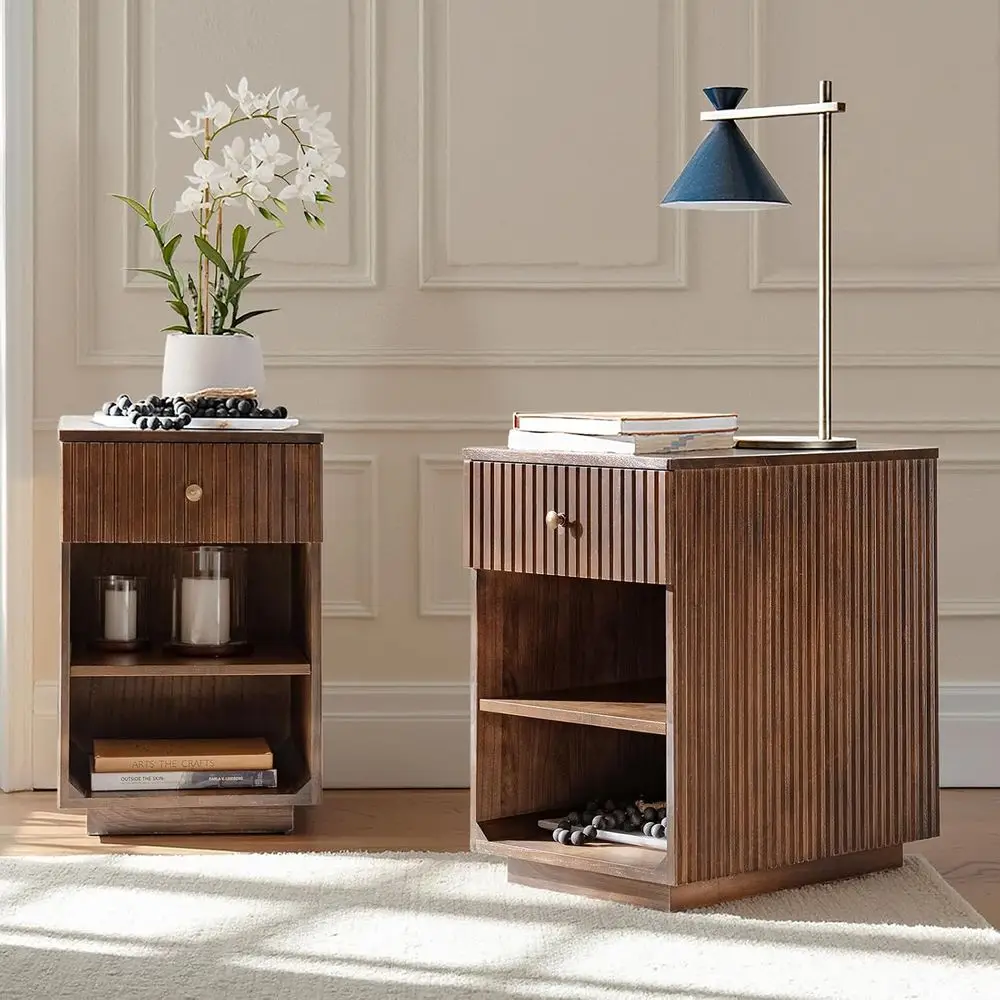 

-Century ern End Table with Der and Open Shelves, Solid Paulownia Wood Side Table, Brass Knob, No Assembly Required(Set o 2, Wal
