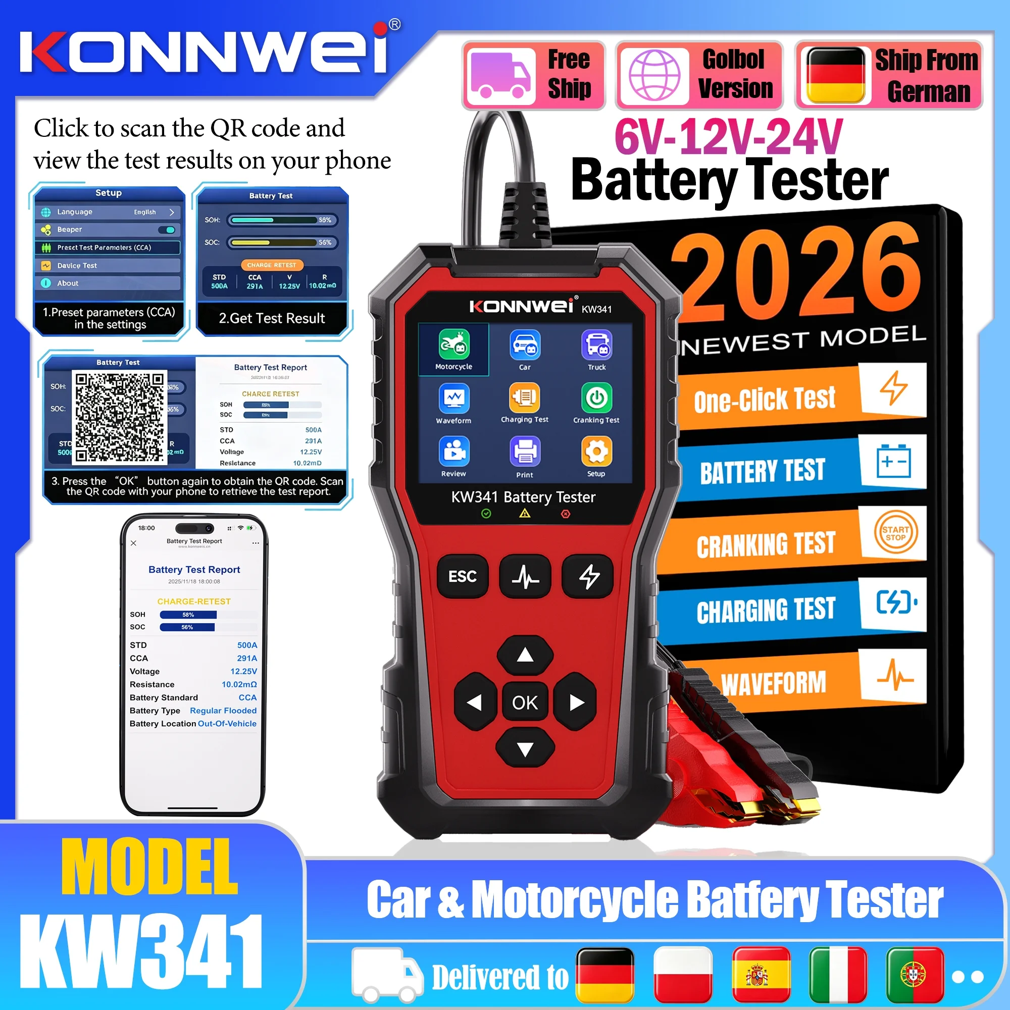 KONNWEI KW341 Handgerät zur Prüfung von Autobatterien 6V 12V 24V – Start- und Ladewellenform-Testgerät für PKW, Motorrad, LKW – EU-Kfz-Batterieanalysator