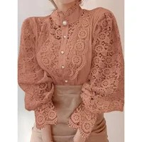 New Women's Long Sleeve High Neck  Chic Blouse, Lace Paneled Hollow Sleeve Elegant Top, Vintage Fashion Office Lady Outfits - Image 4