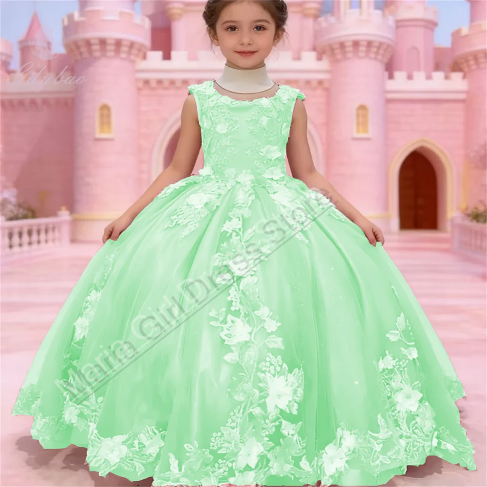 Girl Princess Dress for Wedding Fluffy Lace Embroidered Children's First Communion Celebration Host Event Dress Photography