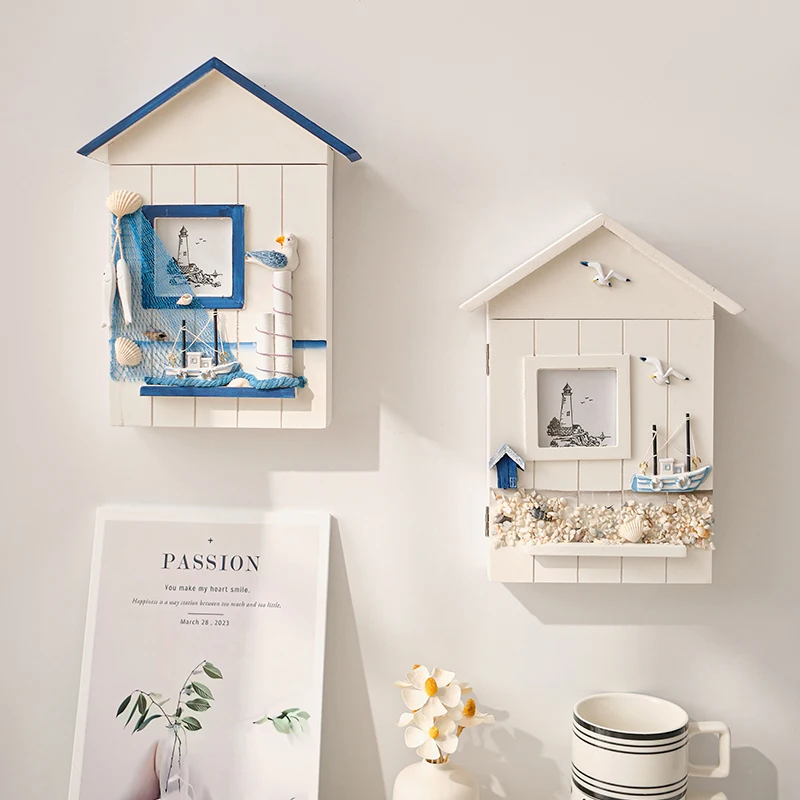 Mediterranean room wall hanging, key storage box, entrance decorative wood, wall decoration handicrafts, key photo frame