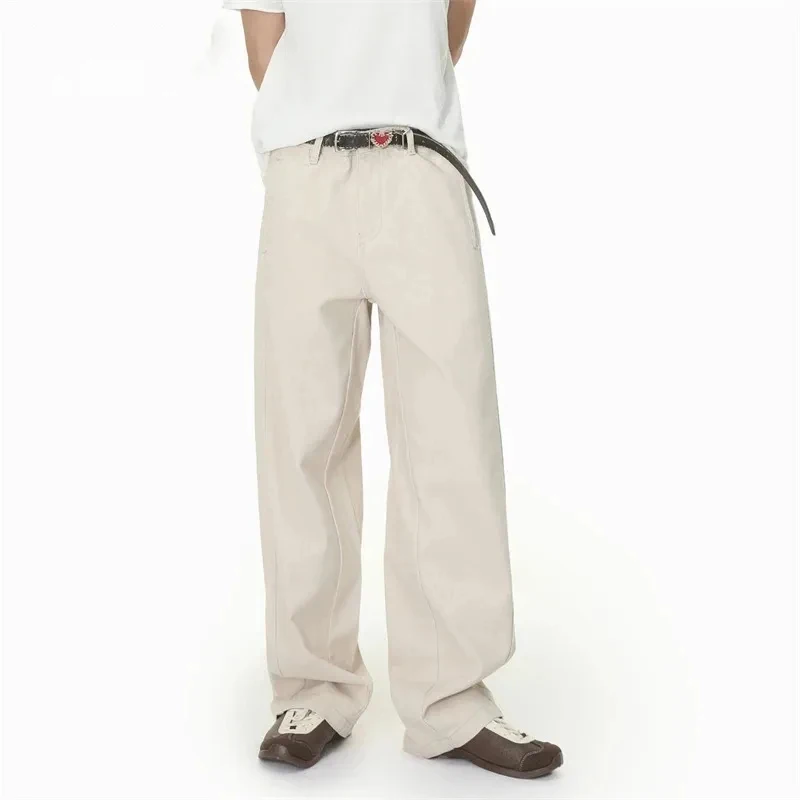 

Refined Men's Baggy Jeans American Casual Beige Jeans Contrast Stitching High End Cotton Comfortable Daily Bottoms Pants