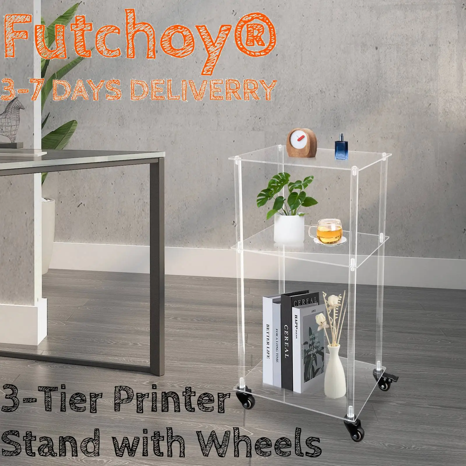 

Acrylic Printer Stand 3-Tier with Wheels, Multifunctional Rolling for office bar kitchen as a side table, and bedside table