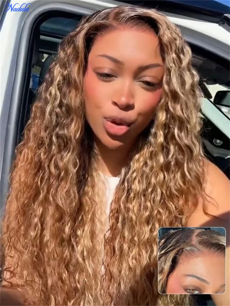 

Nadula 13x4 Honey Blonde Glueless Wig 100% Human Hair Bye Bye Knots Water Wave Lace Front Human Hair Wig with Drawstring