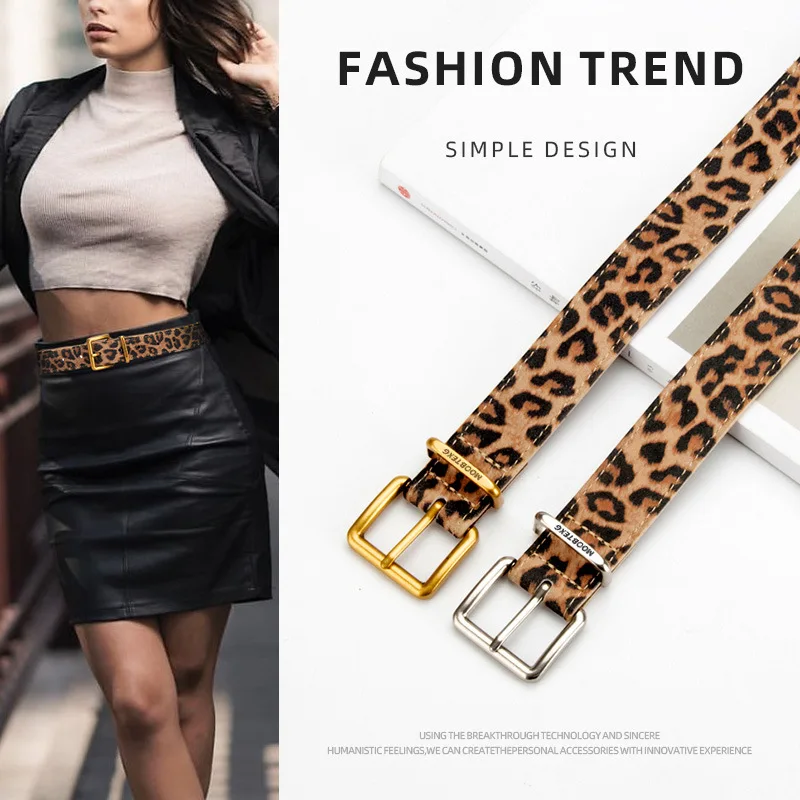 Split Leather Leopard Pattern Waist Belts Women High End Silver Gold Buckle Cowskin Luxury Ceinture Pour Robe Cinturon Mujer