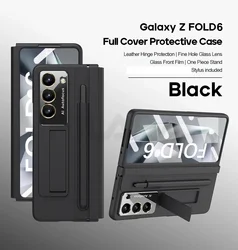 For Samsung Galaxy Z Fold 6 5 4 Case Skin Friendly Matte Leather Bracket with Pen Slot Touch Pen Tempered Film Shockproof Cover