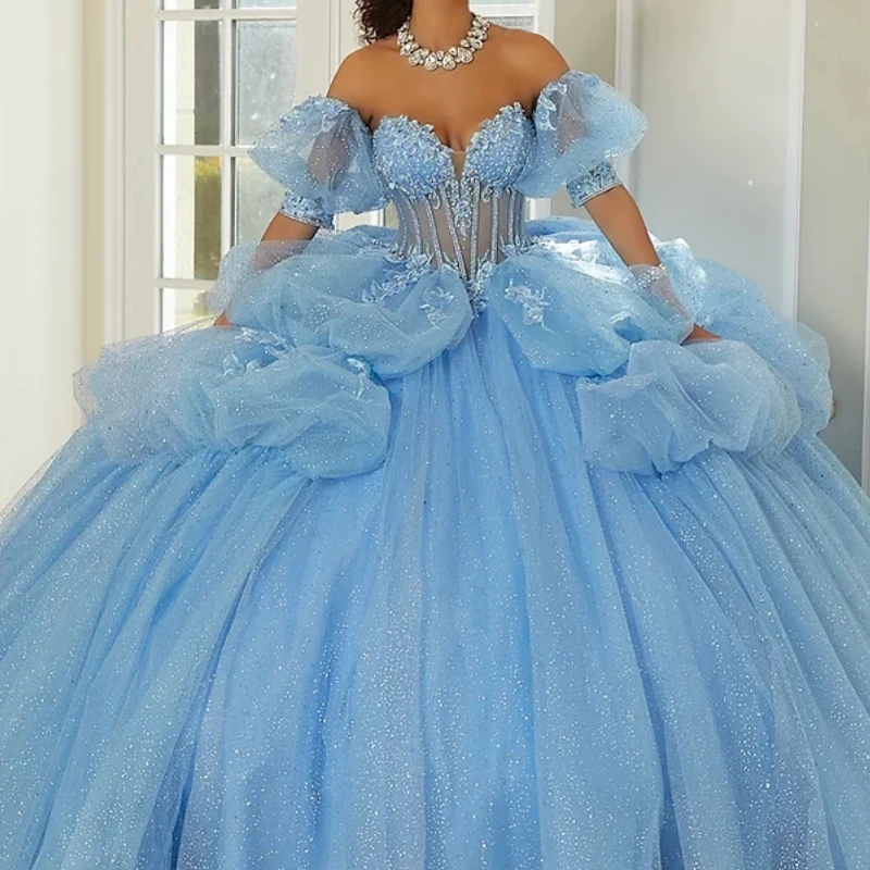 Customized Sky Blue Princess Girl Prom Dresses Birthday Party Gown Ruffle Ball Gown Sweet 14 15 Year Girl Quinceanera 2025 AQ267