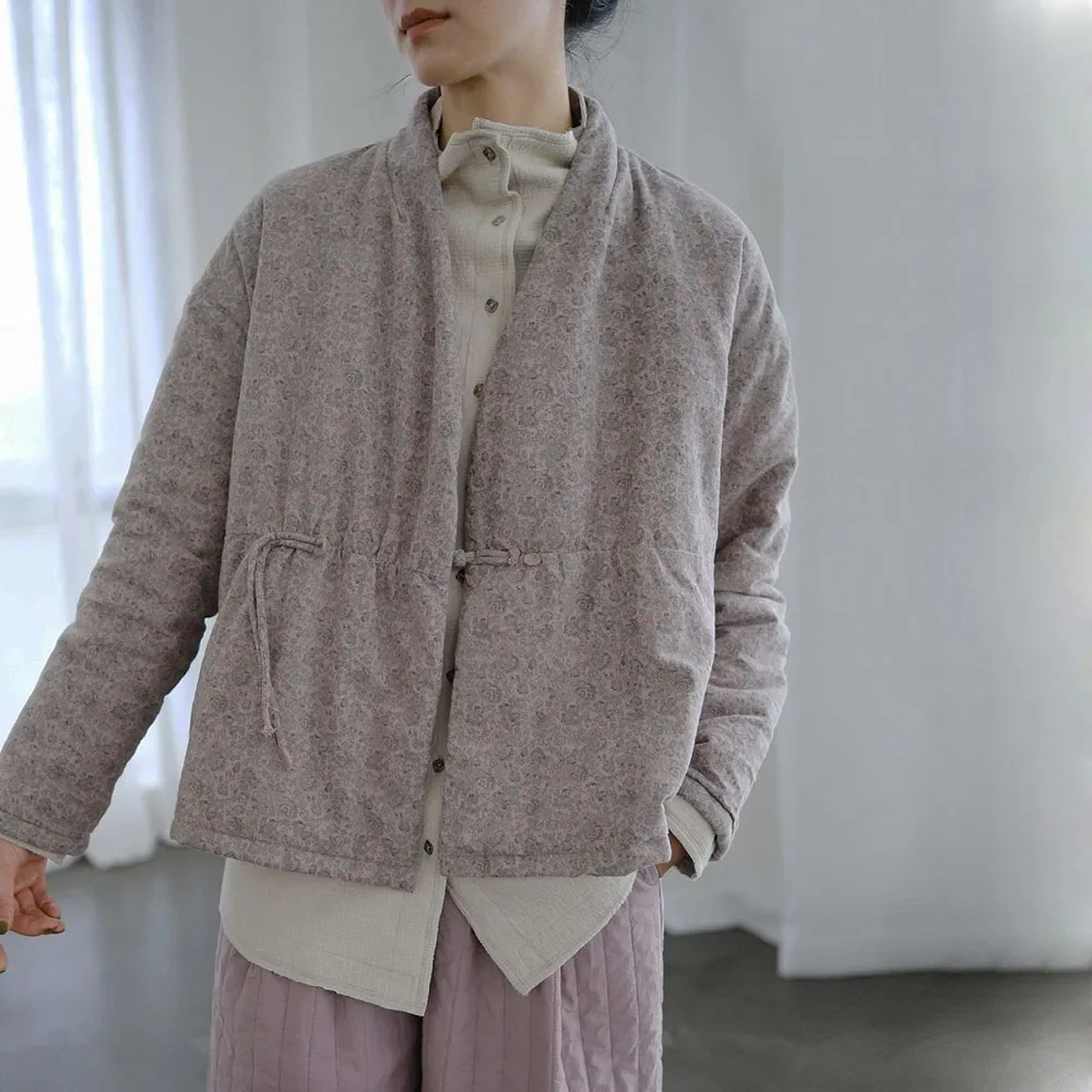 

Pastoral Gentle Cotton Floral One-Button Loose Cotton-Padded Jacket Women's Short Quilted Lightweight V-Neck Hanfu Kimono Coat