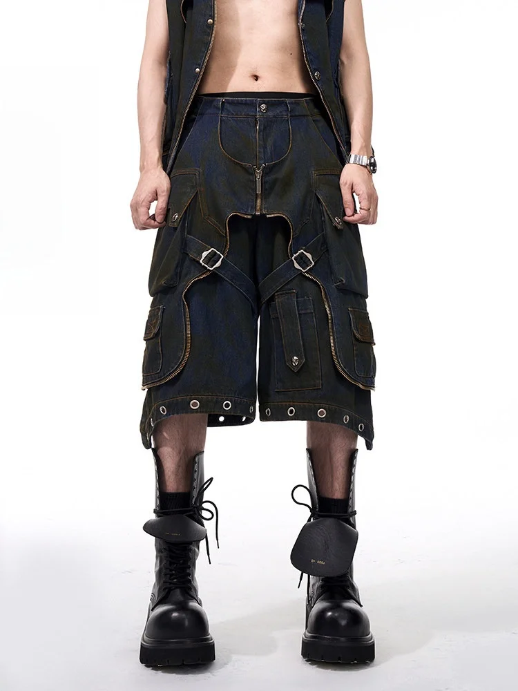 

See Dirtied Faux Two-Piece Men's Jeans orts Summer Heavy-Stitching Splicing Multi-ket Workwear Mid-Pants Korean Sle