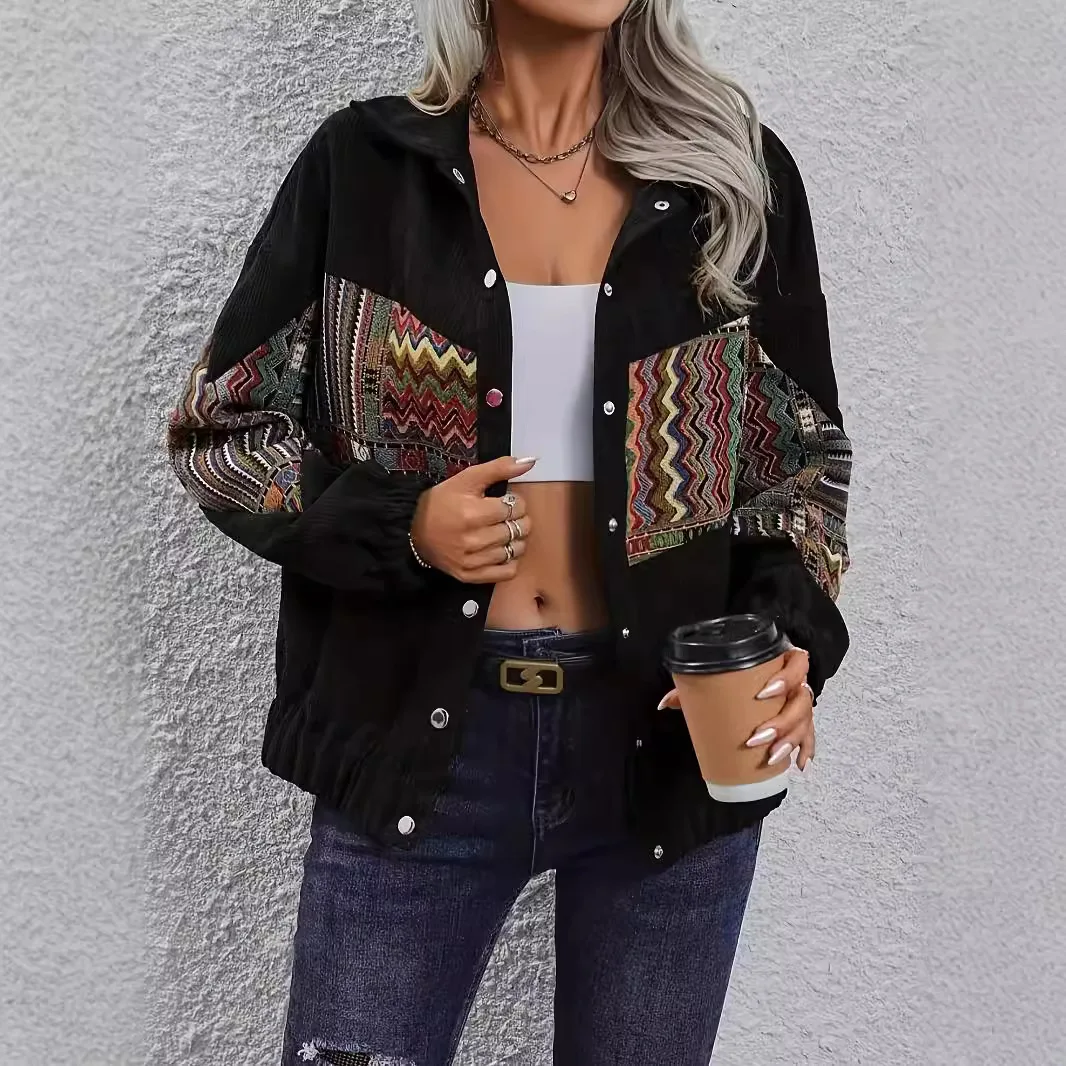 

Women Casual Solid Color Collar Spliced Long Sleeve Button Front Shirt Jacket Coat Ethnic Style Lapel Cardigan Jacket