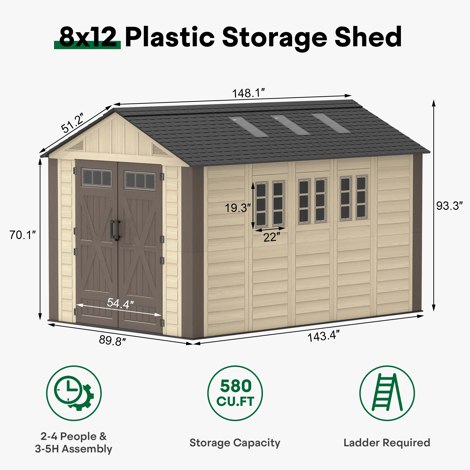 8 x 12フィートの樹脂製屋外収納庫、頑丈なスチールフレー - Heavy Equipment Storage Yard のレビューと価格