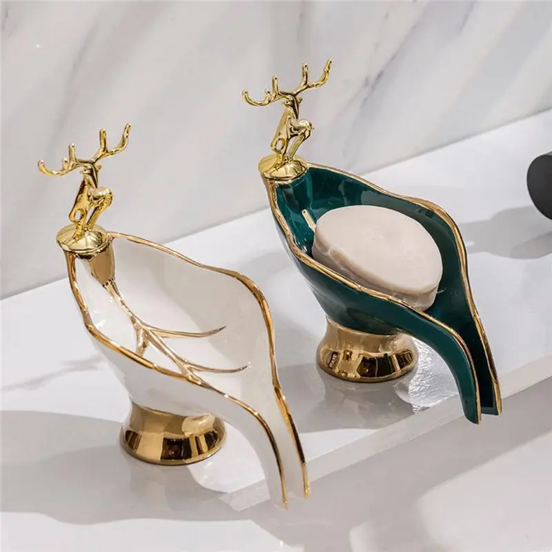 ABRW-New Light Luxury Style Drain Soap Rack Leaf Soap Holder Portable Bathroom Household Dish Tray Creation Design Green