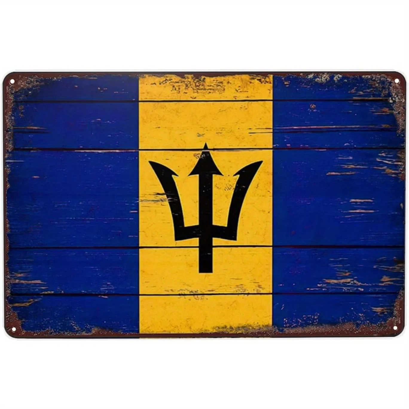 Vintage Barbados Flag Metal Tin Sign -   Rustic Wall Decor with Distressed Blue & Yellow Stripes & Black Barbados Emblem for Far