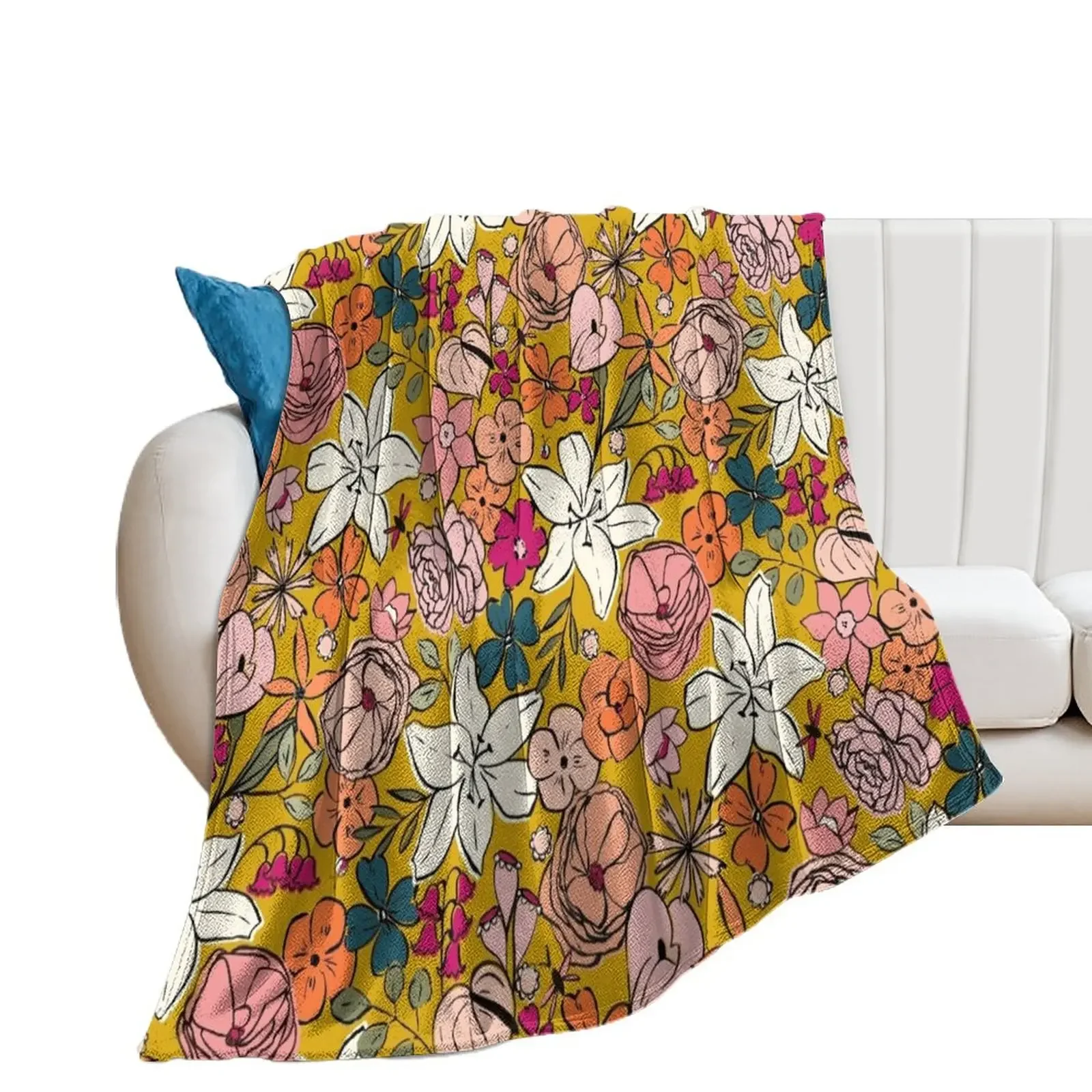 

Yellow Allover Floral Throw Blanket Soft Beds Camping manga Decorative Beds Blankets