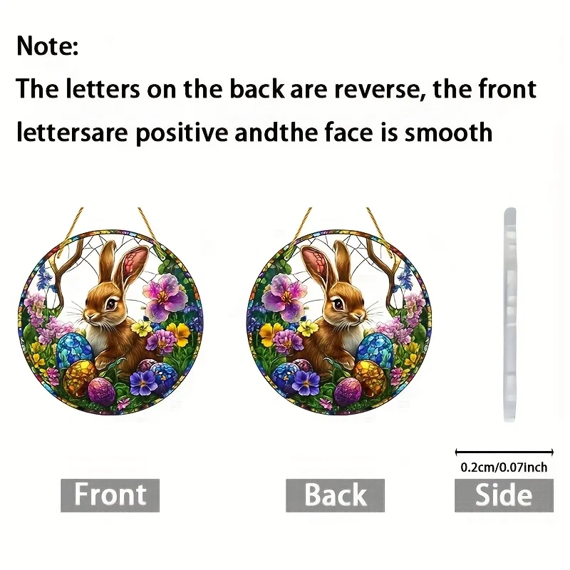 2D Printing Easter Bunny Stained Glass Style Metal Wall Art, Round Vintage Rabbit Egg Flower Decorative Tin Sign, Retro Spring H