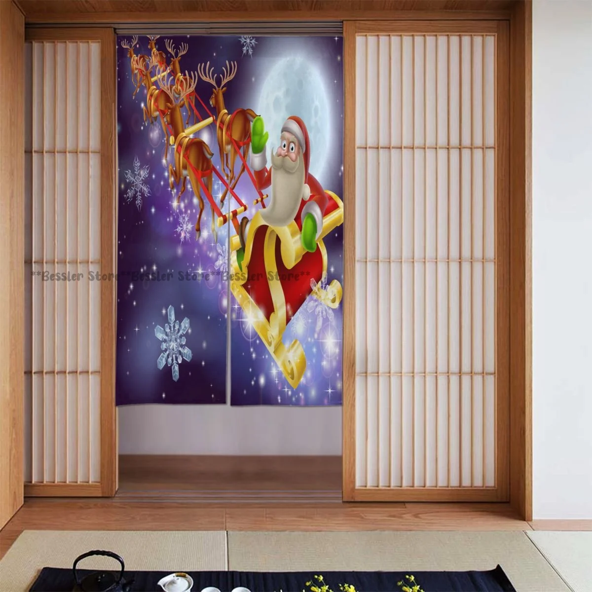 Door Curtain Santa Claus Sleigh Christmas Scene Hanging Curtain for Living Room Partition Door Screen Home Deocration