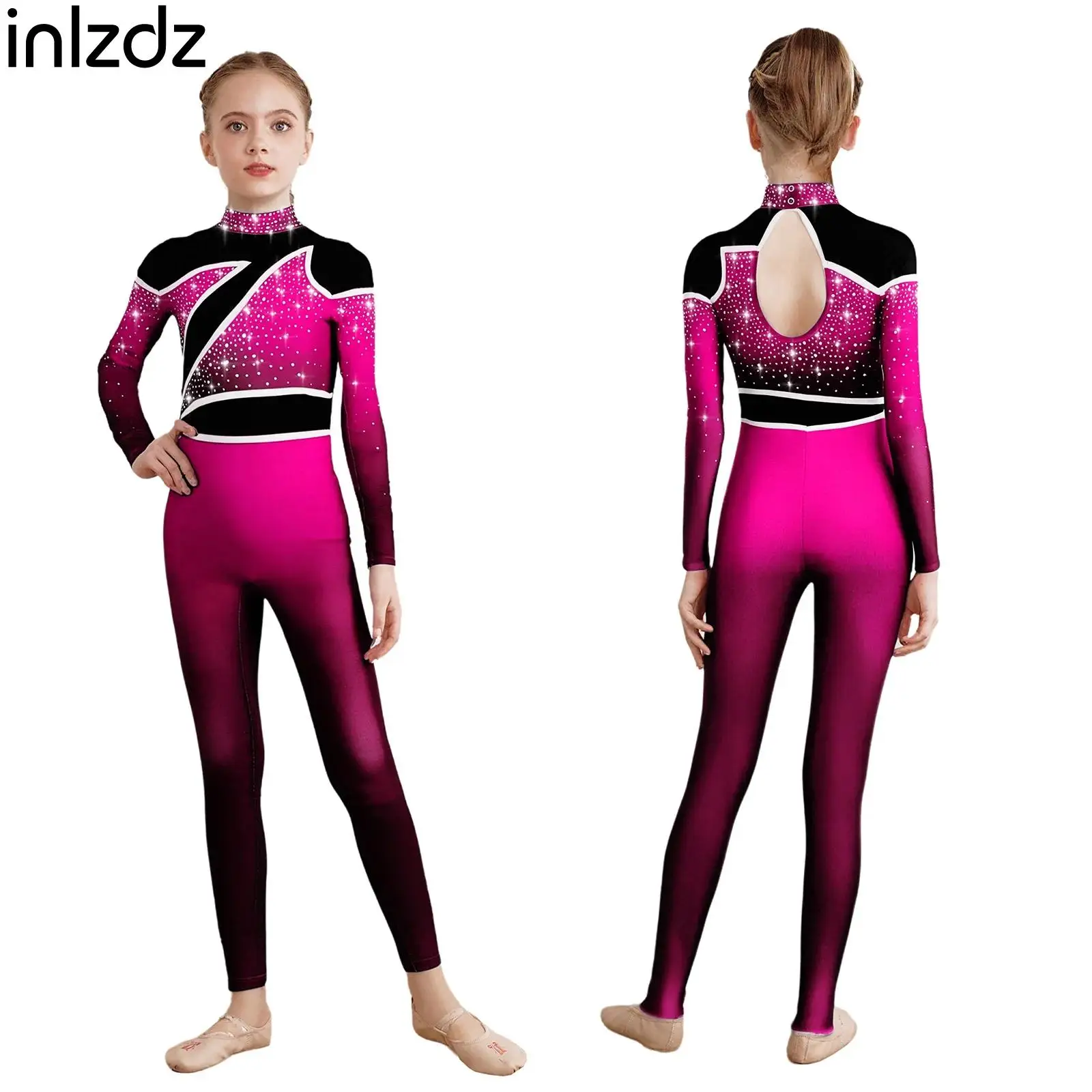 

Kids Girls Glittery Figure Skating Dance Gymnastics Jumpsuit Long Sleeve Keyhole Back Rhinestones Bodysuits Ballerina Dancewear