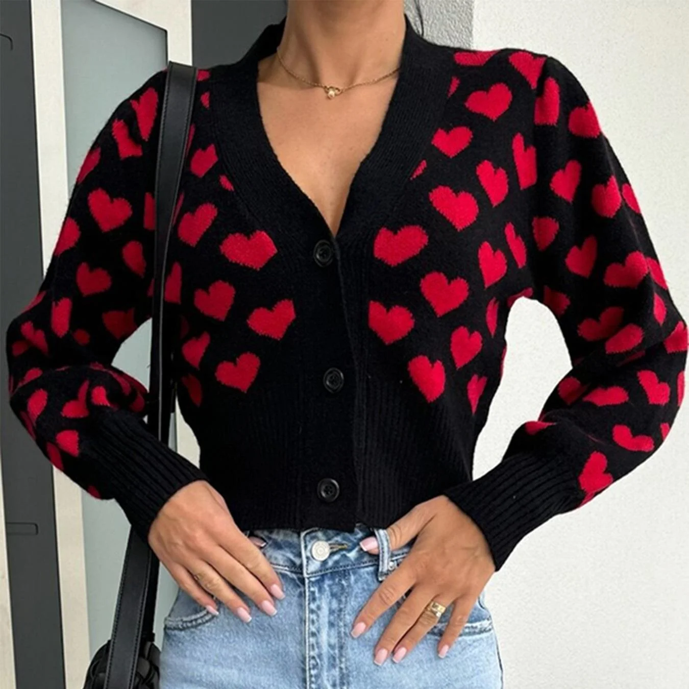 

Casual Heart-aped Sweater Coat for Women Vntine's Day Sle Long Sve Sweet PU Material Spring Autumn New Arrival