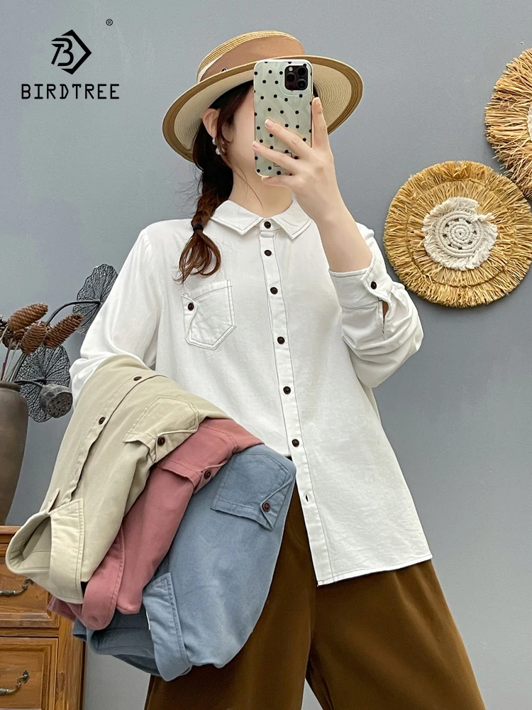 

Новинка 2025, осенняя хлопковая рубашка с длинными рукавами и начесом, женская рубашка с отложным воротником и карманом, модная повседневная свободная блузка Mori Girl T5O325CC