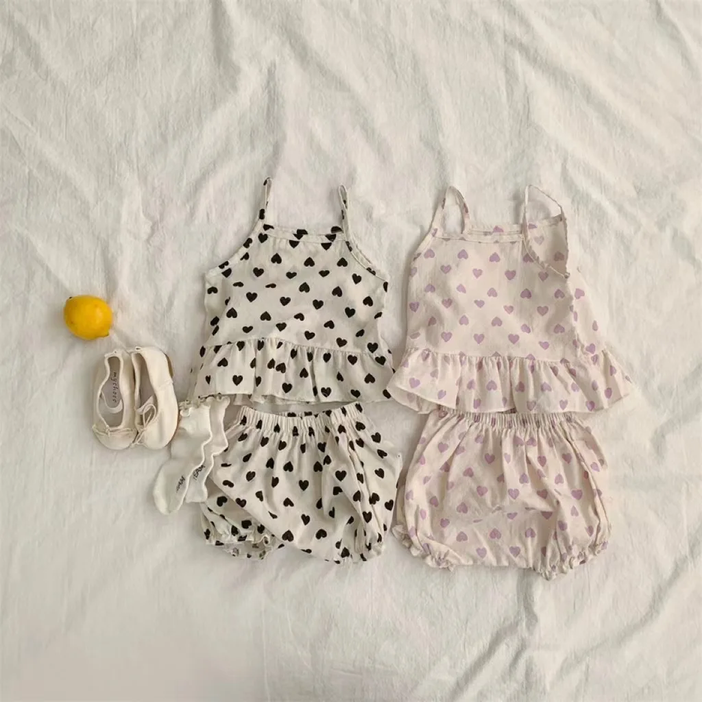 Baby Clothes Korean Style Vest Heart Print Shorts Set 2024 Summer New Girls Sweet Cute Fashion Comfortable Two Piece Set