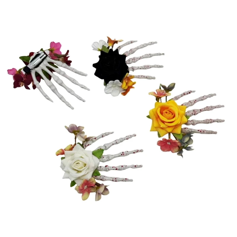 652B Mysterious Gothic Hand Bone Hair Clip Hairpin With Delicate Rose Accent