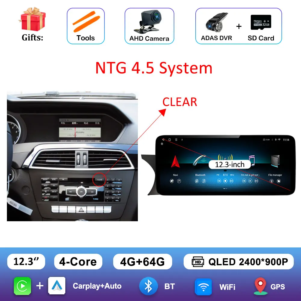Carplay QLED Ultra-thin Screen Car Multimedia Radio Player for BENZ C CALSS W204 2011 - 2014 Navi GPS BT Android 16 Accessories image 3