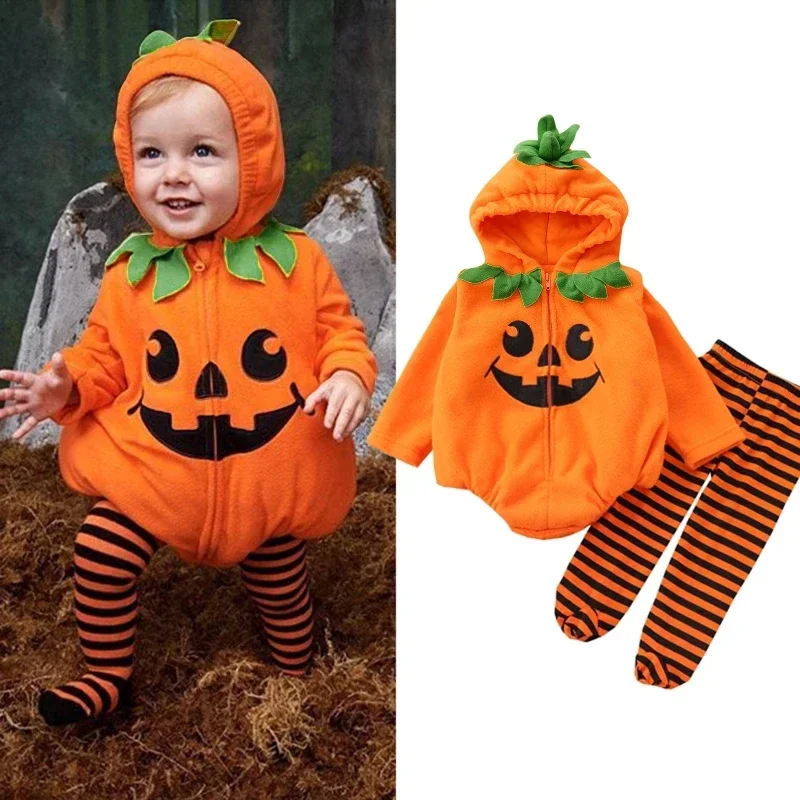 Halloween Pumpkin Cosplay Baby Girls Boys Clothes Sets Long Sleeve Fleece Zipper Hooded Romper Jacket Autumn Baby Outfits New