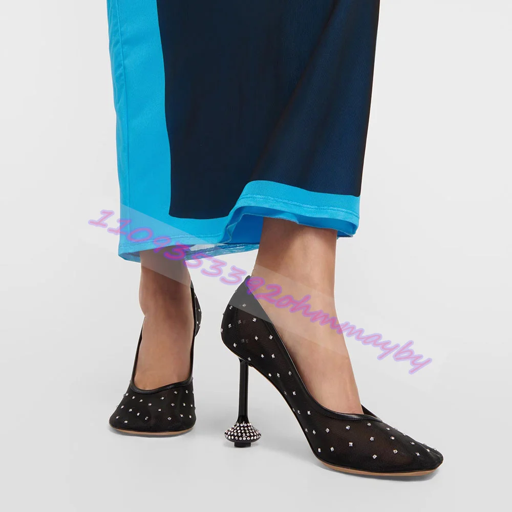 Women'S Black Mesh Rhinestone Pumps Pointed Toe Slip-On Novelty Heel Crystal Embellished Stiletto Sparkly Clubwear Dress Shoes