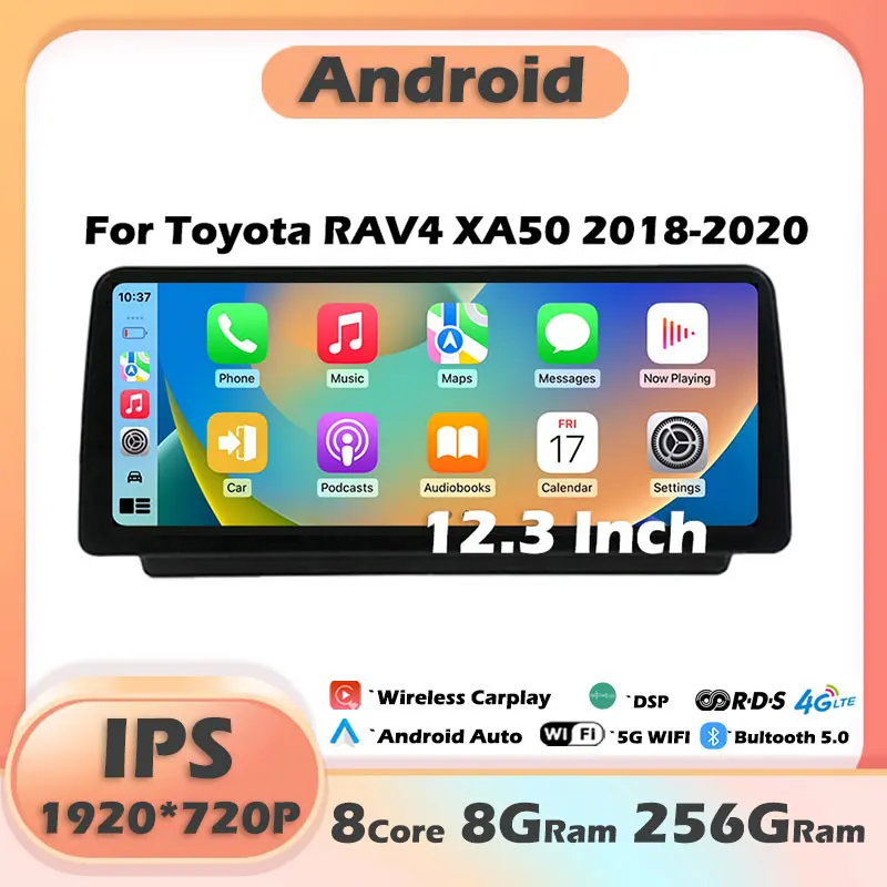 12.3 Inch For Toyota RAV4 XA50 2018-2020 Android 14 Car Radio Player GPS Stereo System 1920*720P 4G WIFI Octa Core FM GPS