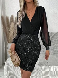 Sexy and elegant women's dress V-neck long sleeve sequin lace wrap hip women's dress