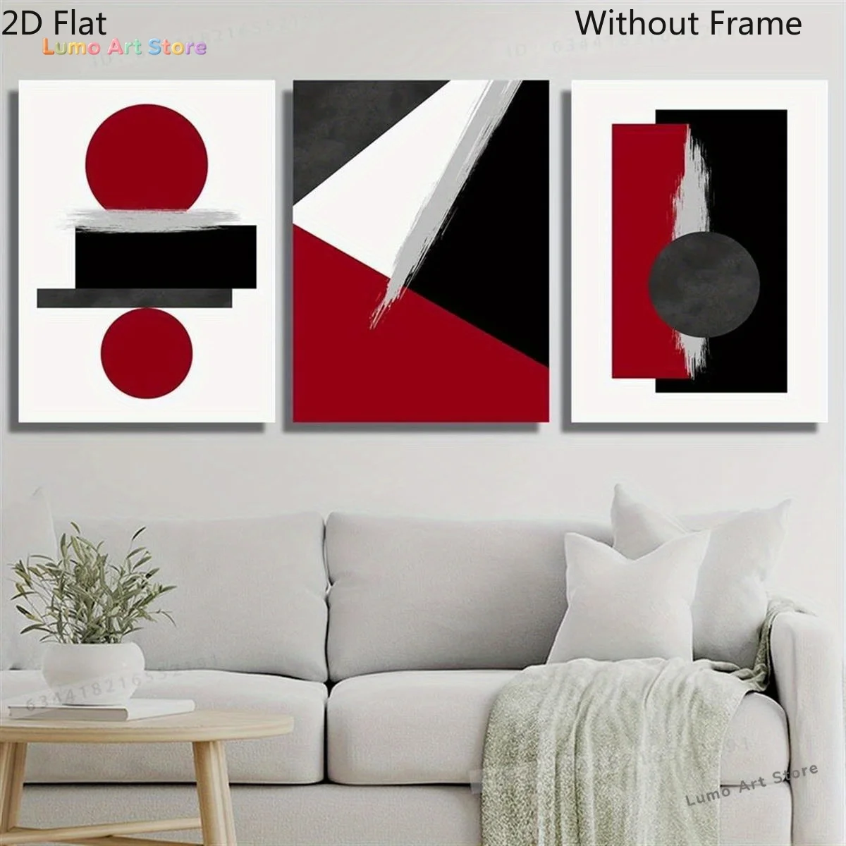 2D Flat, 2D Flat, 2D Flat 3-Panel Red, Black And Gray Abstract Art Decorative Paintings, Creative Printed Red And Black Geome