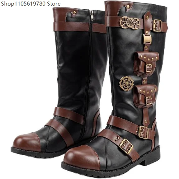 Steampunk Medieval Renaissance Cosplay Boots Men Knee High Faux Leather Footwear Gear Ornament Multi Metal Buckle For Halloween