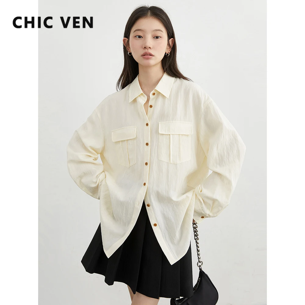 

CHIC VEN Women Shirts Korean Casual Loose Contrast Single-breasted Long Sleeve Pocket Blouses Female Clothing Spring Autumn 2025