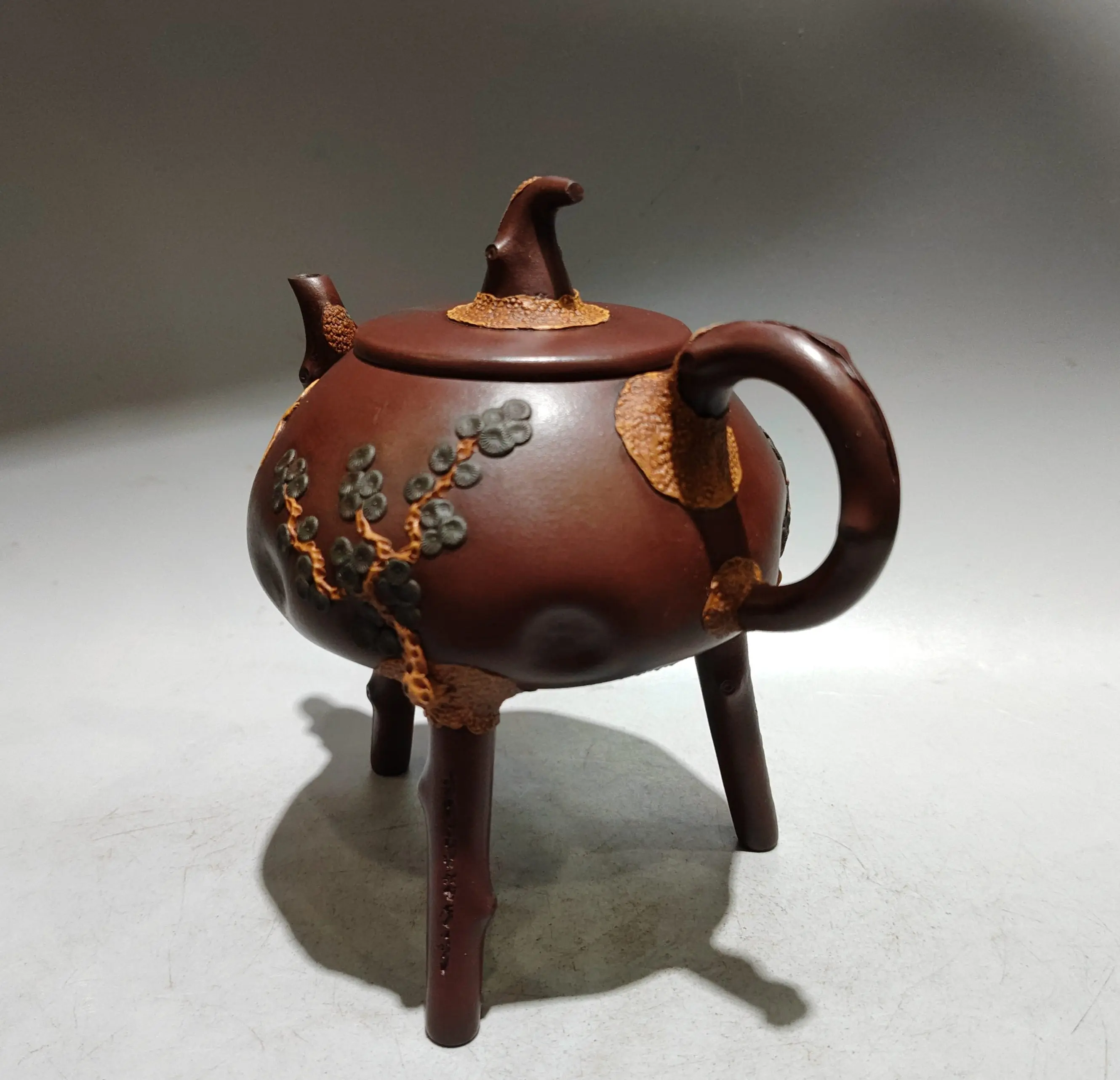 Old Chinese Handicraft Enameled YiXing Zisha (red stoneware) Teapot,Three-legged pot,with mark, Free shipping